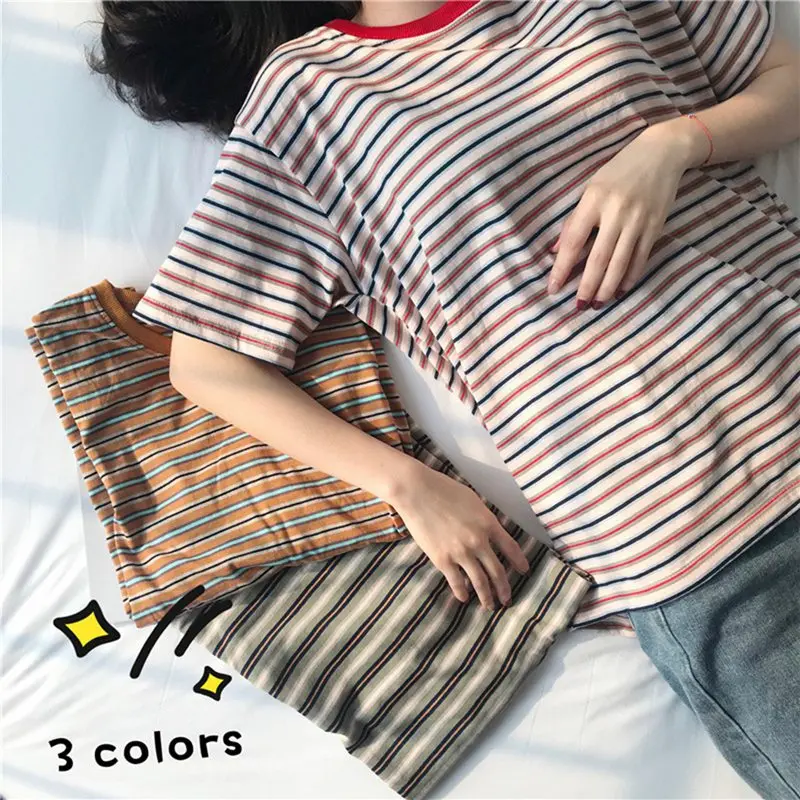 K-POP Inspired Women's Summer Tee | Casual Short Sleeve Striped Shirt