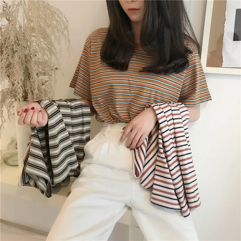 K-POP Inspired Women's Summer Tee | Casual Short Sleeve Striped Shirt