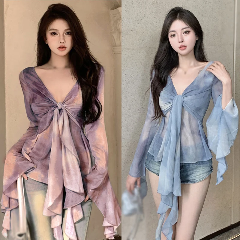 K-POP Inspired Women's V-Neck Shirt with Gradient Tie-Dye Ruffle Sleeves