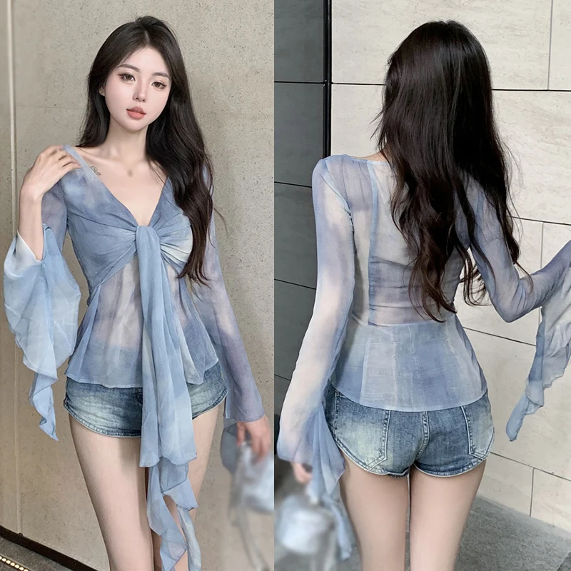 K-POP Inspired Women's V-Neck Shirt with Gradient Tie-Dye Ruffle Sleeves