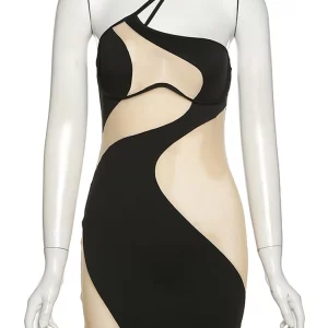 K-POP Mesh Patchwork Bodycon Dress | Sexy One Shoulder Sleeveless Clubwear for Women | Korean Fashion Streetwear for Gen Z & Y