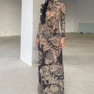 K-POP Mesh Print Maxi Dress: Trendy Gen Z Y2K Streetwear for Women