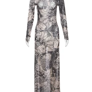 K-POP Mesh Print Maxi Dress: Trendy Gen Z Y2K Streetwear for Women