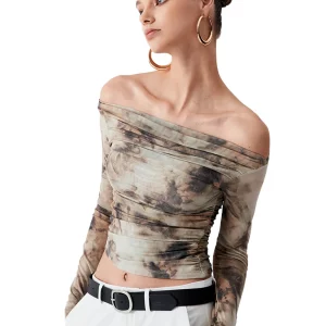 K-POP Mesh See-Through Top: Spring Printed Long Sleeve Backless Shirt