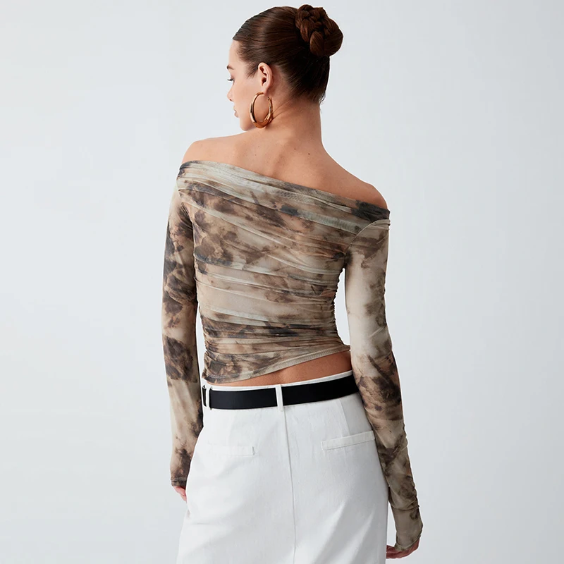 K-POP Mesh See-Through Top: Spring Printed Long Sleeve Backless Shirt