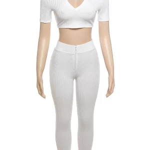 K-POP Ribbed 2-Piece Set: V-Neck Crop Top & Zip Leggings