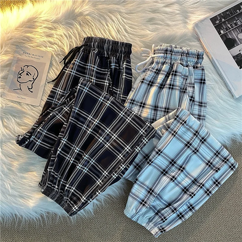 K-POP Streetwear Black Plaid Harem Pants for Women | Gen Z Fashion