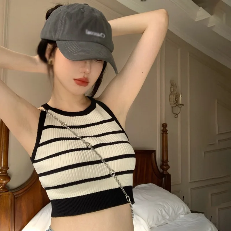K-POP Striped Knit Tank Top: Sleeveless Summer Camisole for Women