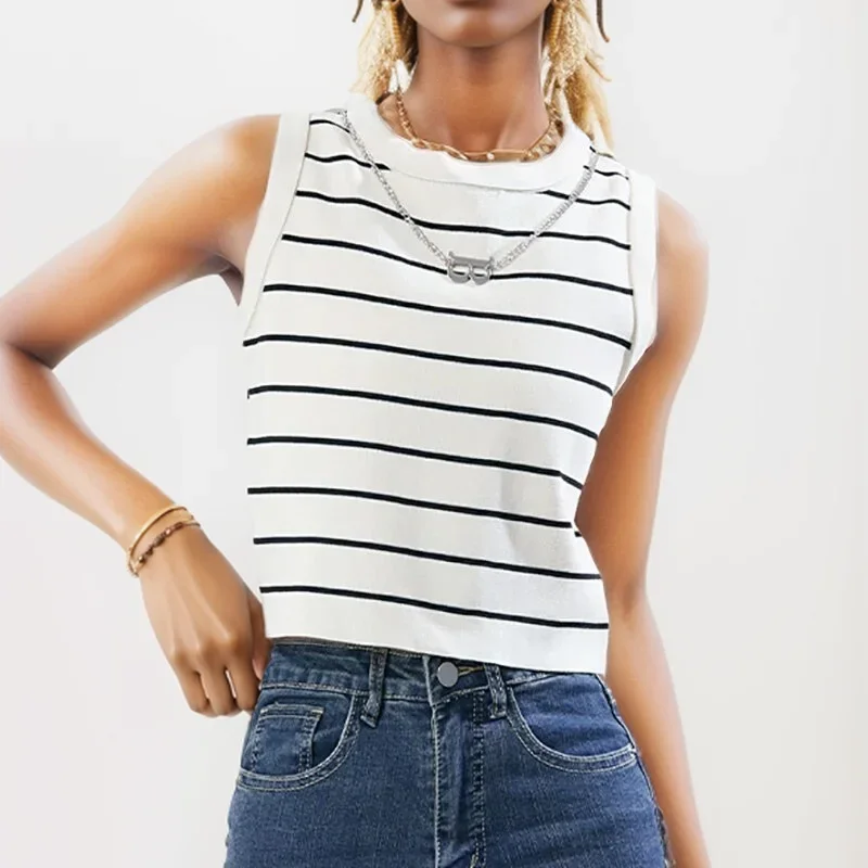 K-POP Striped Sleeveless Crop Top | Women's O-Neck Chain Tank