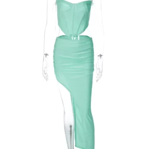 K-POP Style 2-Piece Set: Corset Crop Top & Side Slit Midi Skirt