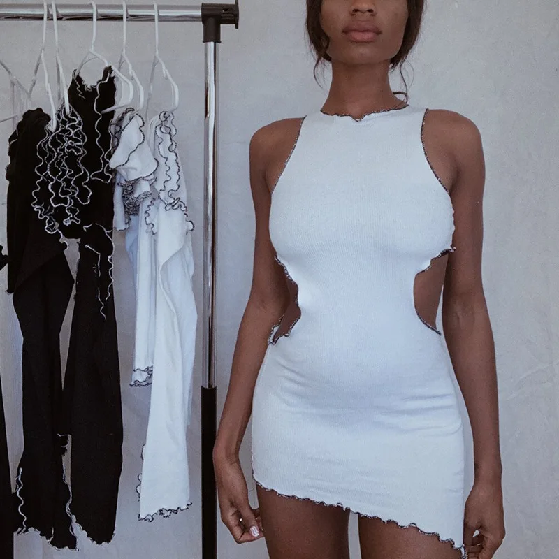 K-POP Style Asymmetric Bodycon Mini Dress | White Black Sleeveless