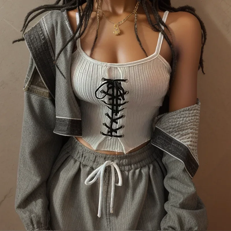 K-POP Style Bandage Knit Crop Top | Y2K Drawstring Camisole