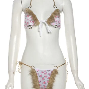 K-POP Style Bikini Set with Feather Patchwork Halter Top and Bandage Briefs for Beach Party and Seaside Matching