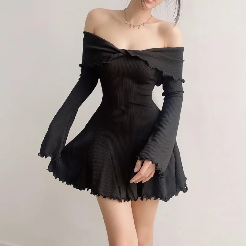 K-POP Style Black A-Line Knit Dress | Off-Shoulder Long Sleeve Mini for Gen Z & Y2K Fashion | Elegant Club