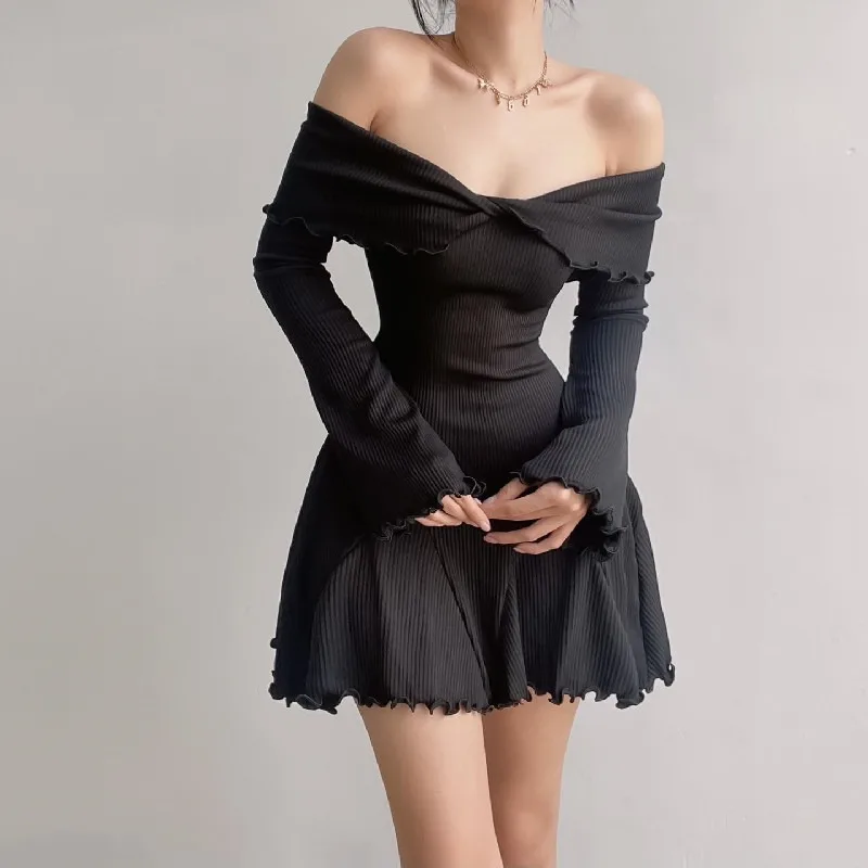 K-POP Style Black A-Line Knit Dress | Off-Shoulder Long Sleeve Mini for Gen Z & Y2K Fashion | Elegant Club