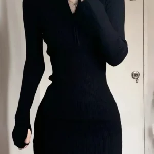 K-POP Style Black Bodycon Knitted Dress for Women | Sexy Wrap Mini Dress for Autumn | Streetwear Fashion Outfit