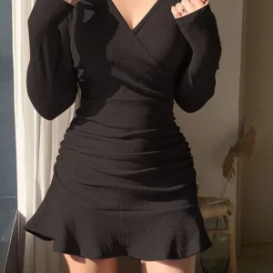 K-POP Style Black Knitted Mini Dress with V Neck and Ruffles, Bodycon Evening Wear for Gen Z and Y2K Fashion