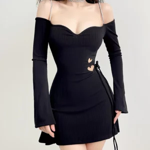 K-POP Style Black Lace-Up Off-Shoulder A-Line Dress for Gen Z & Y2K Fashion