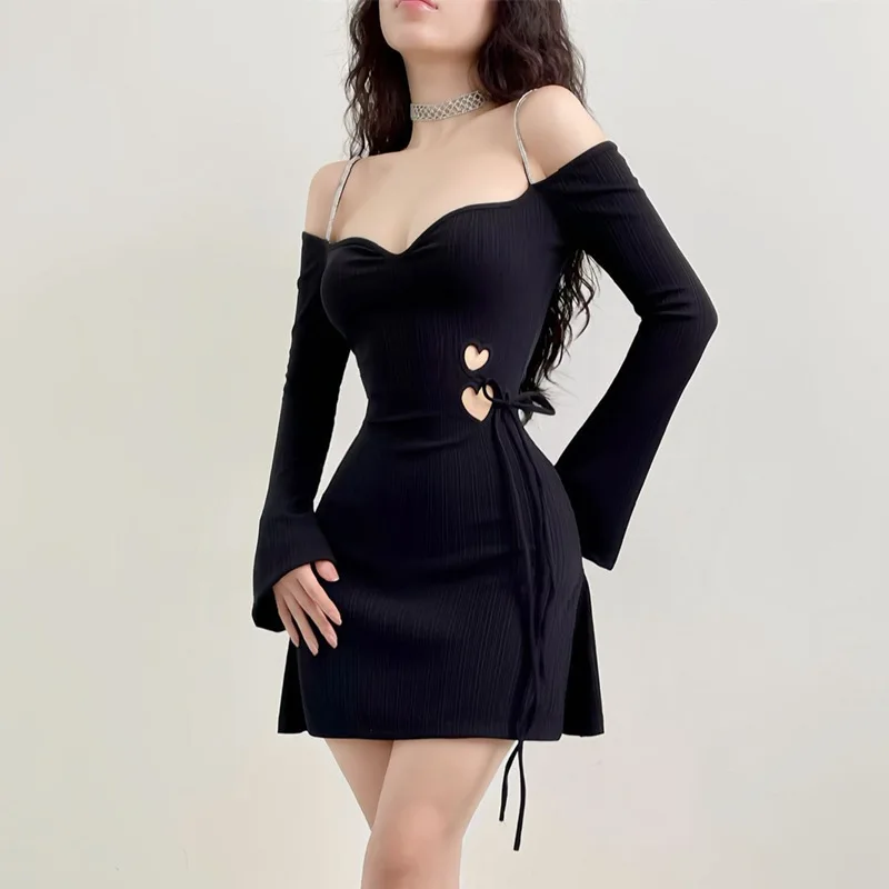 K-POP Style Black Lace-Up Off-Shoulder A-Line Dress for Gen Z & Y2K Fashion