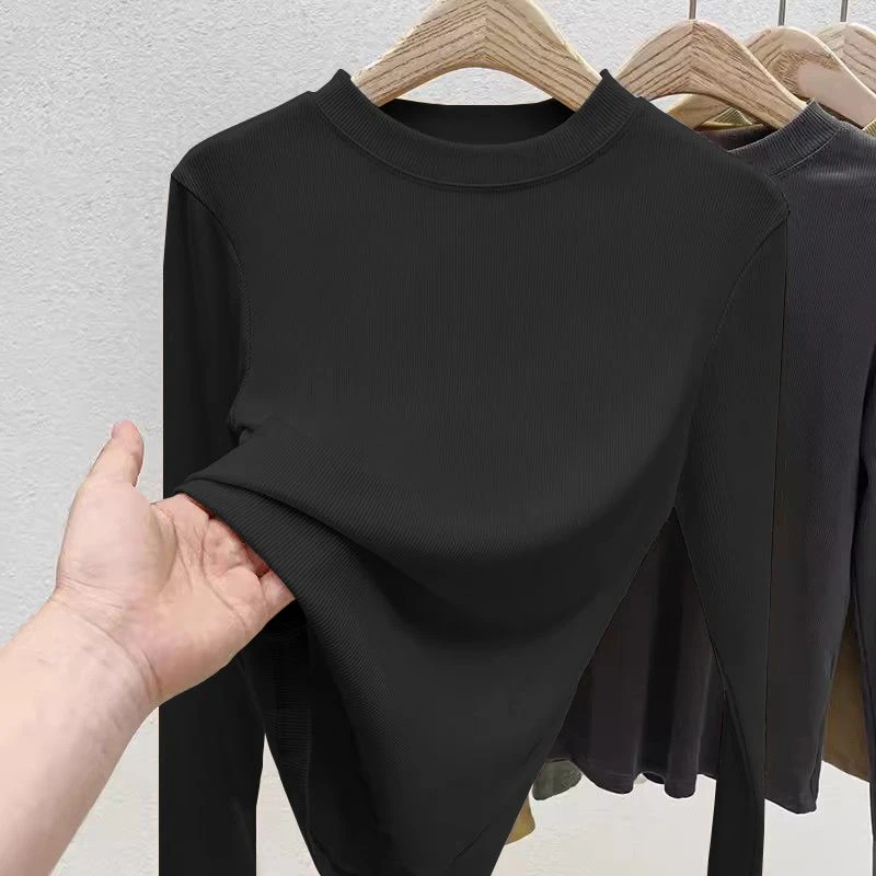 K-POP Style Black Ribbed O-Neck Long Sleeve Shirt for Women - Casual Slim Fit Spring/Autumn Top with Elasticity