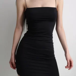 K-POP Style Black Sexy Spaghetti Strap Dress for Gen Z Women - High Waist Sheath Club Mini Dress, Sleeveless