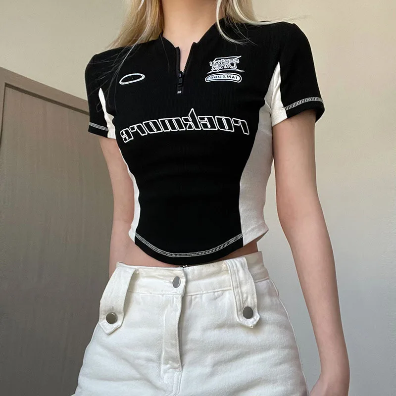 K-POP Style Black Short Sleeve Crop Top with Letter Embroidery for Gen Z Fashionistas