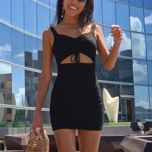 K-POP Style Black Spaghetti Strap Mini Dress for Gen Z Women - Sleeveless Summer Fashion