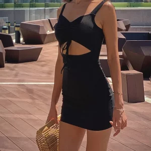 K-POP Style Black Spaghetti Strap Mini Dress for Gen Z Women - Sleeveless Summer Fashion
