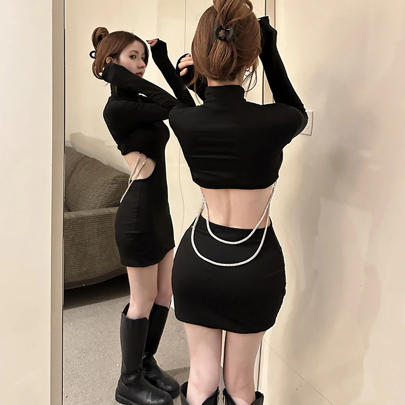 K-POP Style Bodycon Dress | Women's Sexy Slim Fit Hollow Out Long Sleeve | Streetwear Fashion | Black Tight-fitting