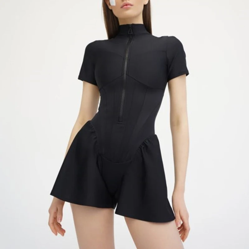 K-POP Style Bodycon Playsuit | Women's Zipper Bodysuit for Gen Z Fashion | Korean Streetwear Jumpsuit with Short