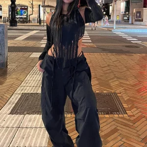 K-POP Style Cargo Pants for Women: Summer Streetwear Fashion with Drawstring Waist and Baggy Pockets