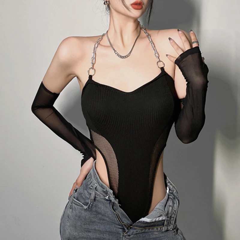K-POP Style Chain Halter Bodycon Jumpsuit with Gauze Splicing