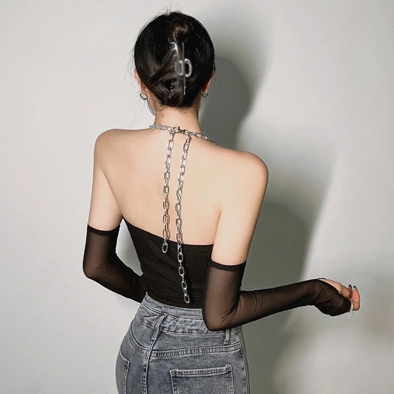 K-POP Style Chain Halter Bodycon Jumpsuit with Gauze Splicing