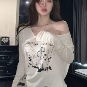 K-POP Style Coquette Off-Shoulder Beige T-Shirt for Women | Irregular Long Sleeve Oversized Top in Korean Fashion
