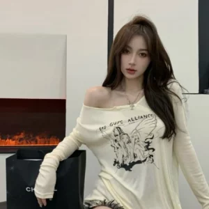 K-POP Style Coquette Off-Shoulder Beige T-Shirt for Women | Irregular Long Sleeve Oversized Top in Korean Fashion