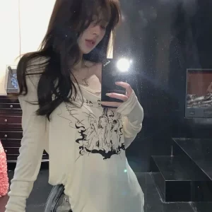 K-POP Style Coquette Off-Shoulder Beige T-Shirt for Women | Irregular Long Sleeve Oversized Top in Korean Fashion