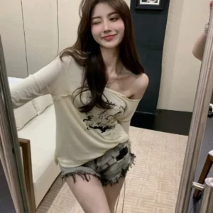 K-POP Style Coquette Off-Shoulder Beige T-Shirt for Women | Irregular Long Sleeve Oversized Top in Korean Fashion