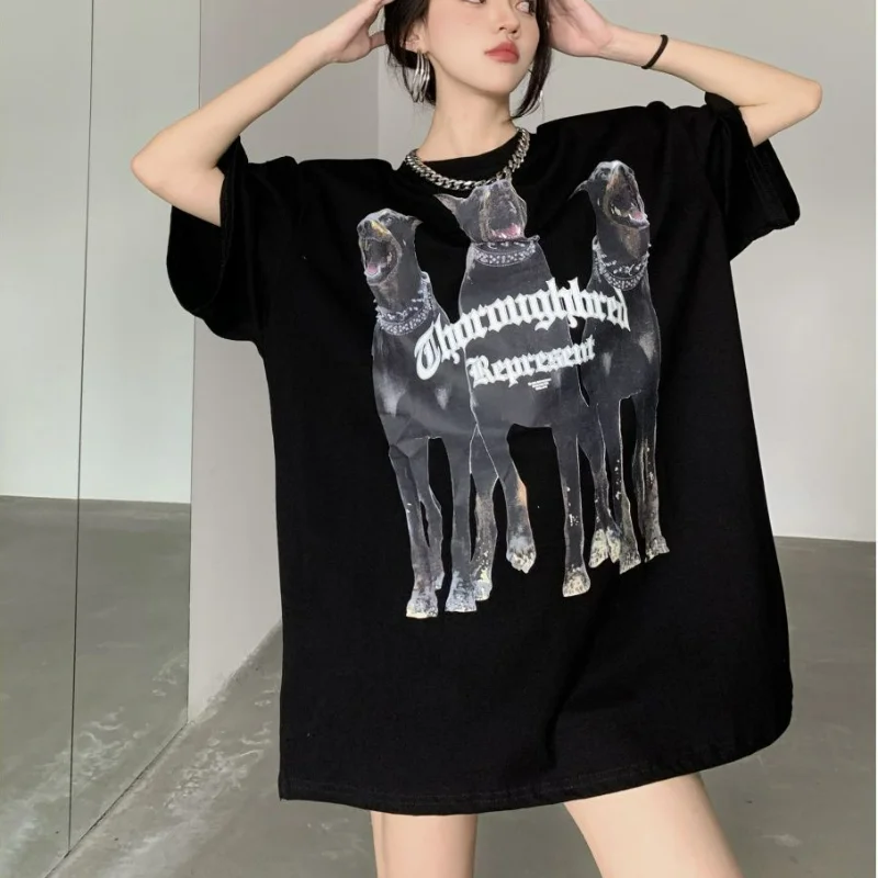 K-POP Style Cotton T-shirt for Women | Loose Fit O-neck Tee with Dog Print | Gen Z Streetwear Fashion