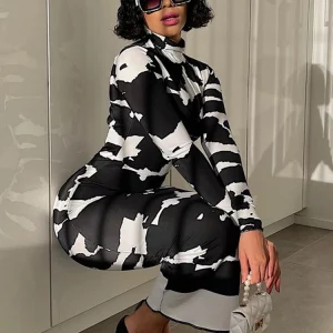 K-POP Style Cow Print Long Sleeve Turtleneck Maxi Dress for Women