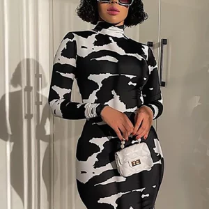 K-POP Style Cow Print Long Sleeve Turtleneck Maxi Dress for Women