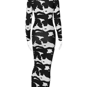 K-POP Style Cow Print Long Sleeve Turtleneck Maxi Dress for Women