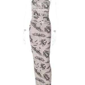 K-POP Style Graphic Print Maxi Dress for Women | Sexy Hollow Out Summer Outfit