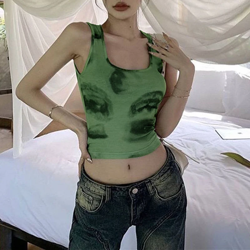 K-POP Style Green Print Crop Top for Women | Sleeveless Streetwear Tank