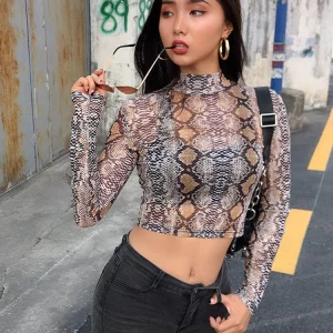 K-POP Style Green Snake Print Mesh Top for Gen Z Women | Long Sleeve Transparent Snakeskin High Neck Crop Top