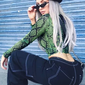 K-POP Style Green Snake Print Mesh Top for Gen Z Women | Long Sleeve Transparent Snakeskin High Neck Crop Top