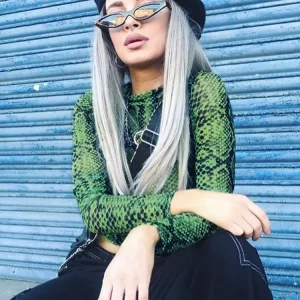 K-POP Style Green Snake Print Mesh Top for Gen Z Women | Long Sleeve Transparent Snakeskin High Neck Crop Top