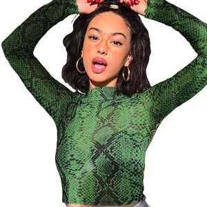 K-POP Style Green Snake Print Mesh Top for Gen Z Women | Long Sleeve Transparent Snakeskin High Neck Crop Top