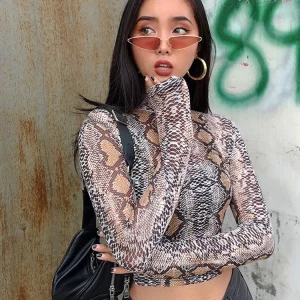 K-POP Style Green Snake Print Mesh Top for Gen Z Women | Long Sleeve Transparent Snakeskin High Neck Crop Top