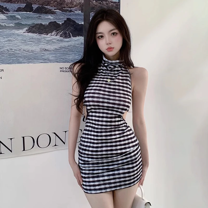 K-POP Style Halter Bodycon Dress | Sleeveless Stripe Hip Wrap | Summer Party Clubwear