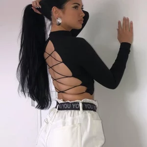 K-POP Style Hollow Out Bandage Backless Long Sleeve Tee - Gen Z Streetwear Fashion